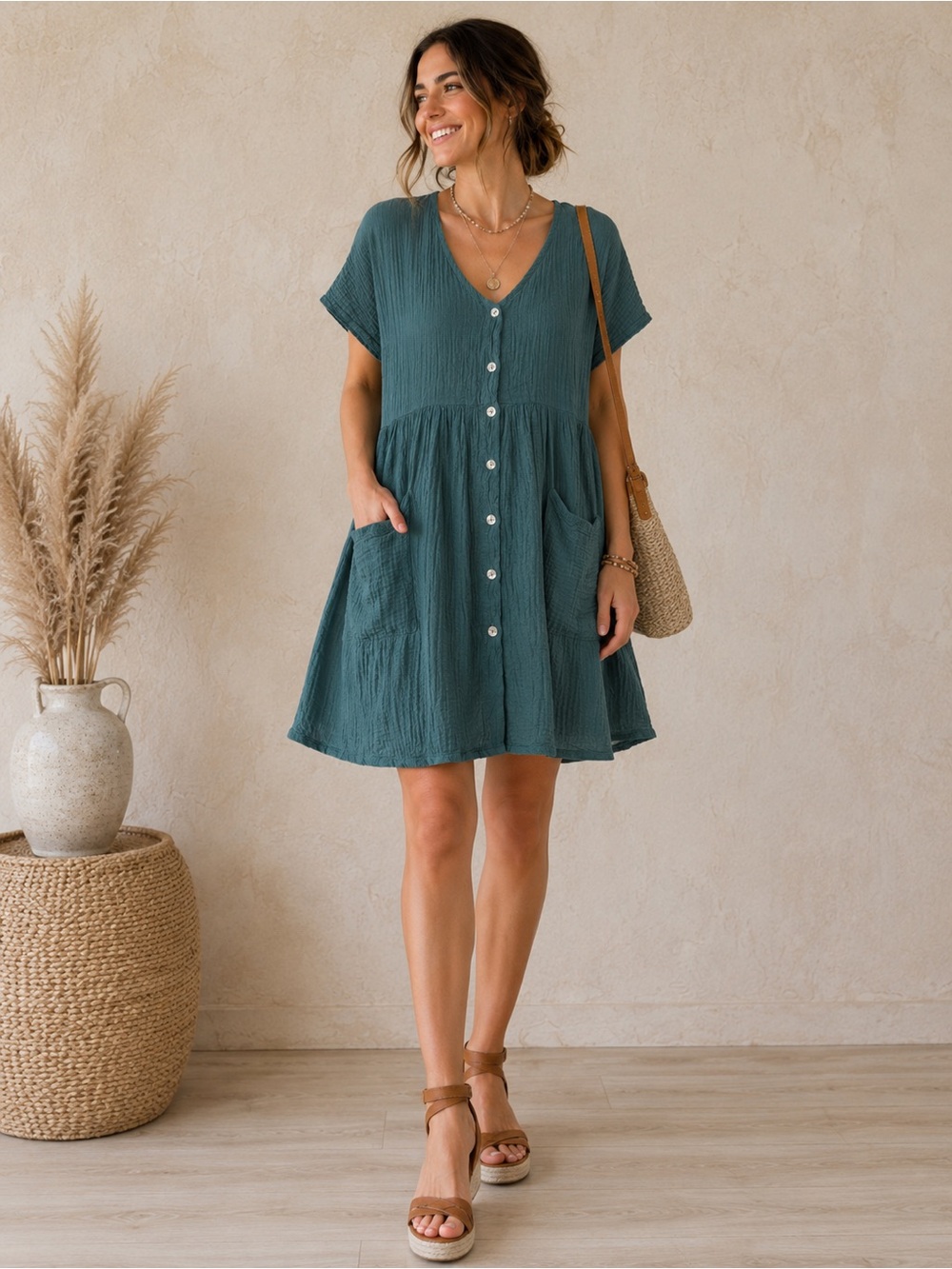 ✨Camille & Co Made In Italy Cotton Gauze Babydoll Dress‎ Size M Teal Boho✨